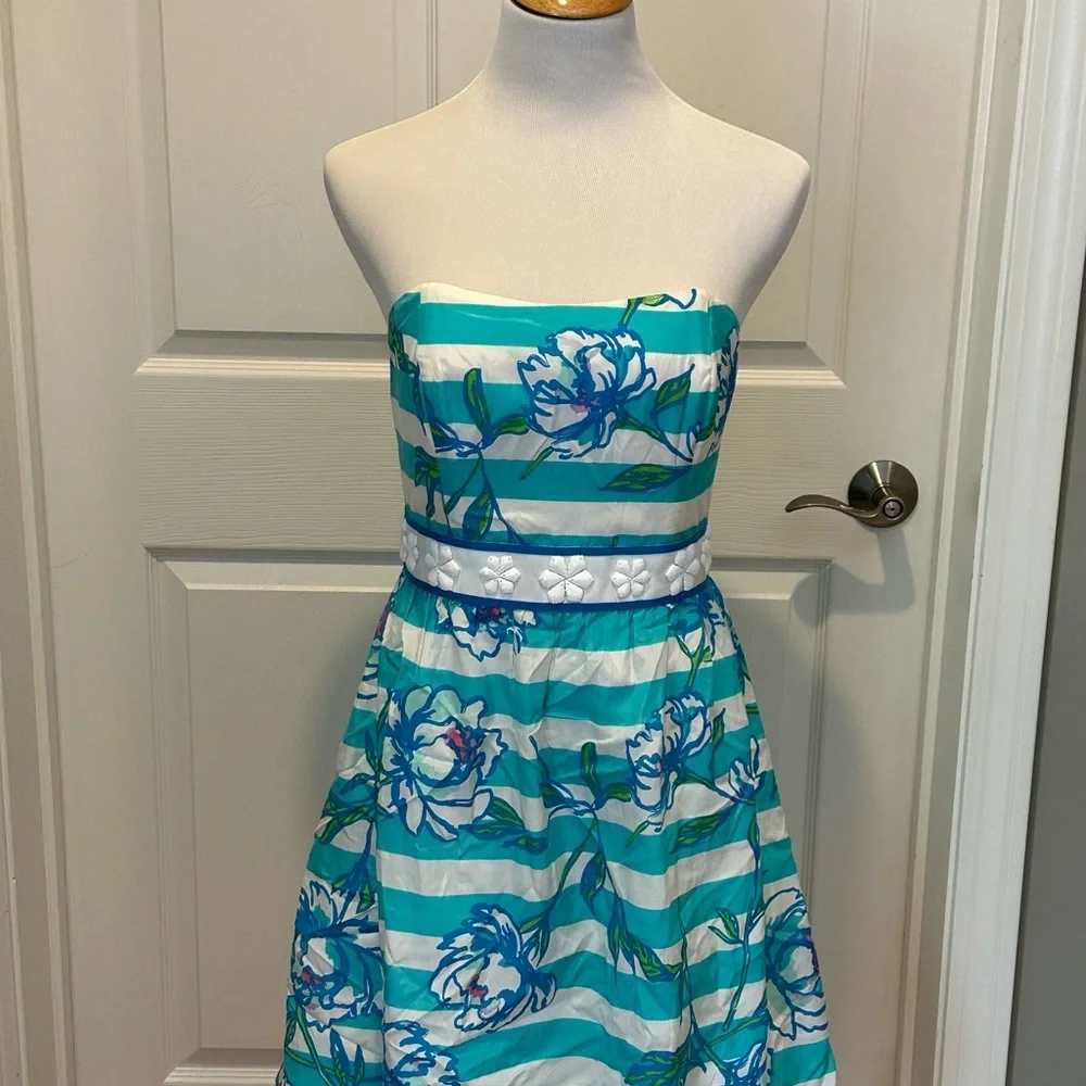 Lilly Pulitzer Langley Strapless Dress Shorely Blue Tossing the Line Preppy - Picture 1 of 5
